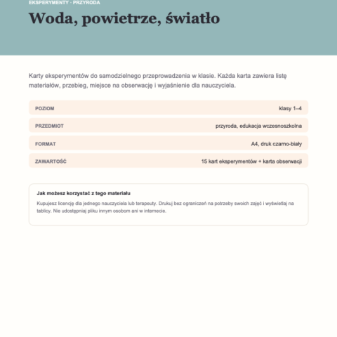 Eksperymenty: woda, powietrze, światło — 15 kart