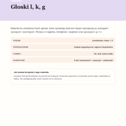 Głoski l, k, g — karty logopedyczne