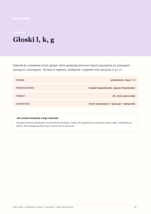 Głoski l, k, g — karty logopedyczne