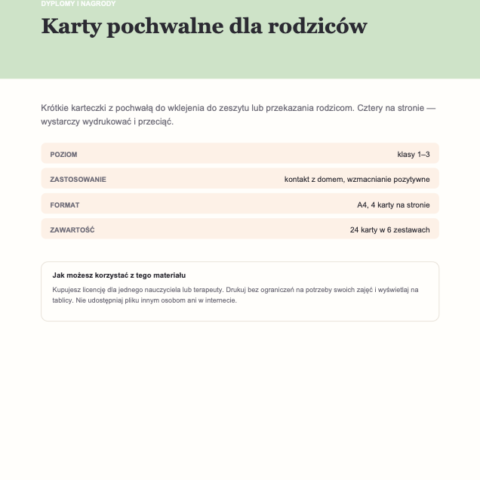 Karty pochwalne dla rodziców — 24 sztuki