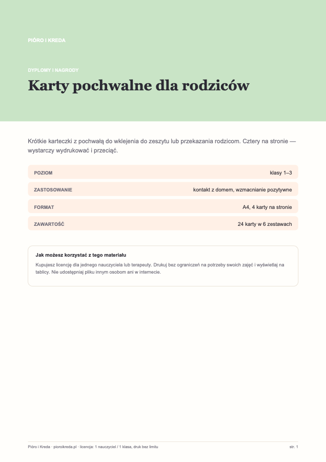 Karty pochwalne dla rodziców — 24 sztuki