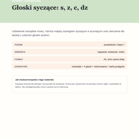 Materiały logopedyczne: głoski syczące s, z, c, dz