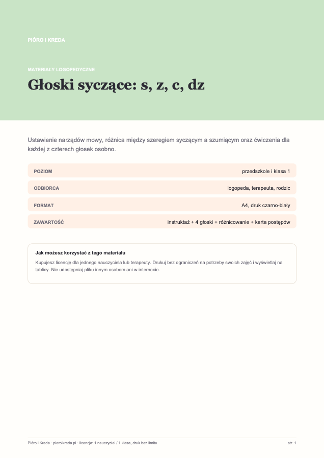 Materiały logopedyczne: głoski syczące s, z, c, dz