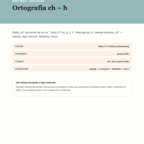 Karty pracy: ortografia ch – h