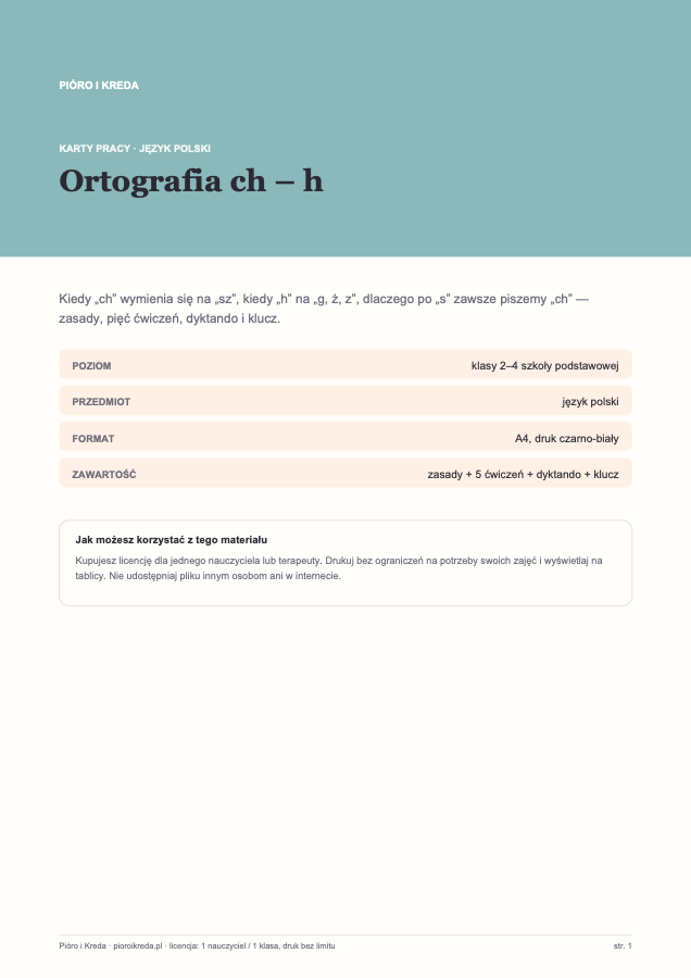 Karty pracy: ortografia ch – h
