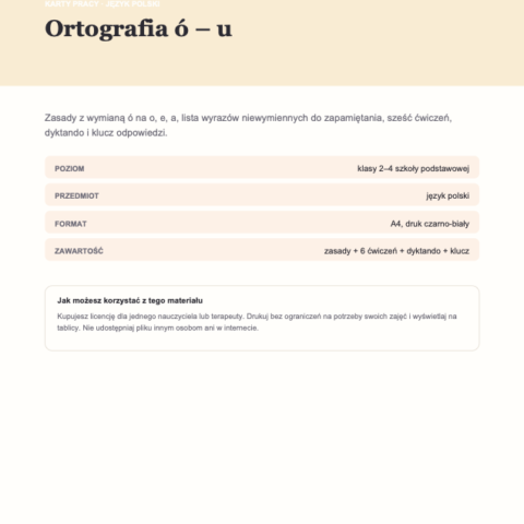 Karty pracy: ortografia ó – u