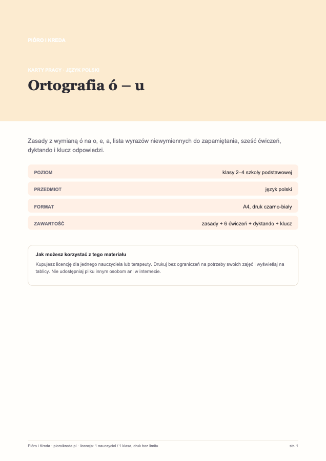 Karty pracy: ortografia ó – u
