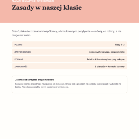 Plakaty: zasady w naszej klasie — 6 plakatów A4 i A3