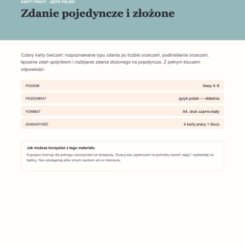 Zdanie pojedyncze i złożone — karty pracy