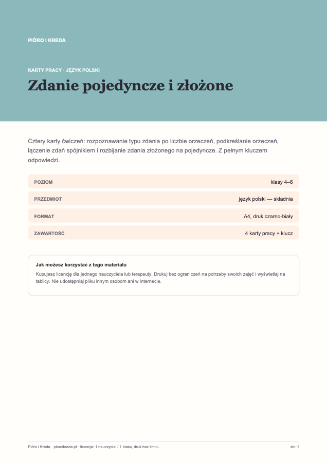 Zdanie pojedyncze i złożone — karty pracy