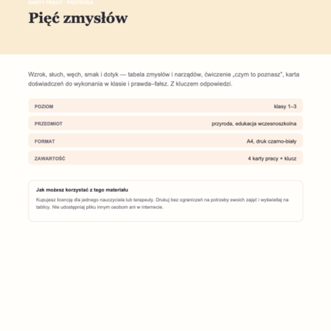 Pięć zmysłów — karty pracy